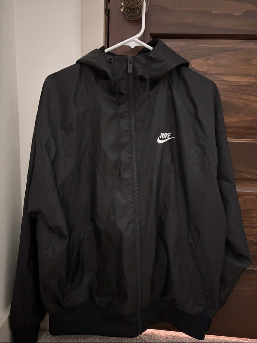 Nike Black Hooded Windbreaker Jacket with White Swoosh